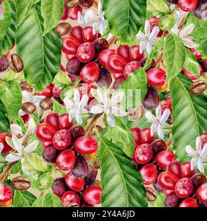 Nahtlose Aquarell Kaffee Zweig und Bohnen Muster Hintergrund Stockfoto