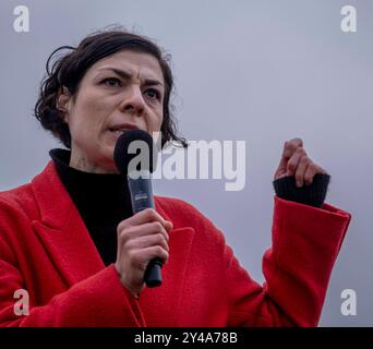 Medienunternehmen neue deutsche Medienmacher*innen Deutschland, Berlin, 03.02.2024, Rednerinnen: Elena Koutidou neue deutsche Medienmacher*innen, WirSindDieBrandmauer, Protest gegen ein erstarken des Rechtsextremismus, dazu aufgerufen hatte das Bündnis Hand in Hand - jetzt solidarisch aktiv werden. Im Anschluss an eine Kundgebung auf der Wiese vor dem Reichstagsgebäude, Â *** Medienunternehmen neue deutsche Medienmacherin Deutschland, Berlin, 03 02 2024, Referenten Elena Koutidou neue deutsche Medienmacherinnen , WirSindDieBrandmauer, Protest gegen den Aufstieg des Rechtsextremismus, rief an Stockfoto