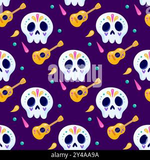 Day of the Dead nahtloses Muster, Schädel, Gitarre, auf dunklem lila Hintergrund. Zum Umwickeln oder für Gewebe. Vektor Stock Vektor