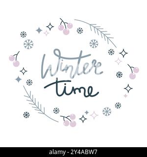 Winter Zeit Kranz Vektor Illustration. Handgezeichneter Weihnachtskranz mit Doodle. Grußkarte, Schreibwaren, Posterdesign. Stock Vektor