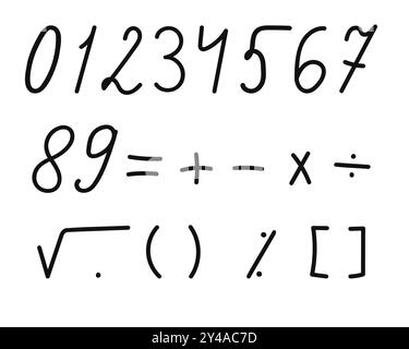Zahlen und mathematische Zeichen, handgezeichnet auf weißem Hintergrund Stock Vektor