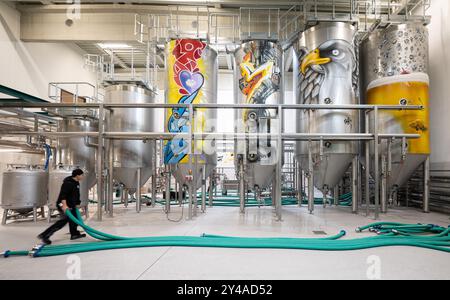 München, Deutschland. September 2024. Ein Mitarbeiter von Giesinger Bräu stellt für das Foto Schläuche vor Tanks ein. Seit Jahrzehnten gab es nur sechs Münchner Brauereien, doch Giesinger Bräu hat sich kürzlich als siebtes Bier zu ihnen gesellt - und will nun auf die Wiesn gehen. Quelle: Lukas Barth/dpa/Alamy Live News Stockfoto