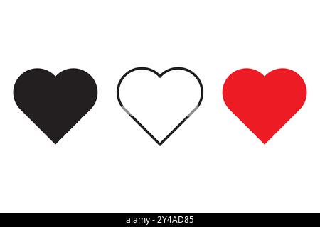 Herz-Symbol-Set. Schwarzes, umrissenes und rotes Herz. Love Symbols Kollektion. Vektorabbildung. Stock Vektor