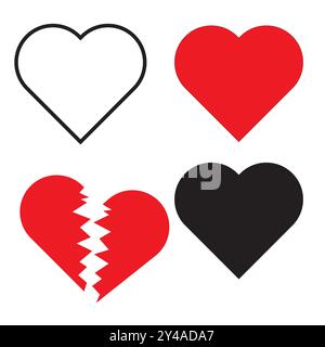 Herz-Symbol-Set. Ein kräftiges rotes Herz. Gebrochenes rotes Herz. Schwarzes Herzsymbol. Vektorabbildungen. Stock Vektor
