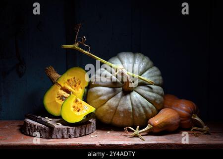 Herbstliche Dekorationskomposition verschiedener Kürbisarten auf einem alten Holztisch im rustikalen Stil. Thanksgiving oder Halloween Hintergrund. Sturzpumpe Stockfoto