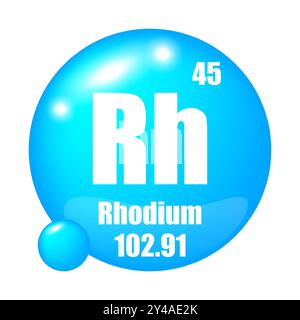 Rhodium-Symbol. Chemisches Element rechts. Atomzahl 45. Masse 102.91. Blaues Kugelbild. Vektorsymbol. Stock Vektor