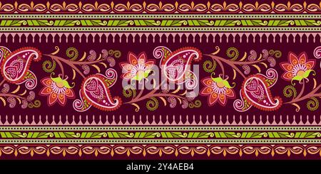 Das farbenfrohe Textilmuster zeigt florale Paisley-Motive und zarte Lockenzweige in Rot und Grün auf dunkelrotem Hintergrund. Stock Vektor