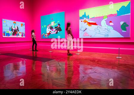 London, Großbritannien. September 2024. Manets Folies-Bergère, 2023 mit Rekonstruierung von Seurat (lila), 2004 und anderen Arbeiten - Künstler Michael Craig-Martin in seiner Einzelausstellung an der Royal Academy of Arts, London, die vom 21. September bis 10. Dezember 2024 stattfindet. Guy Bell/Alamy Live News Stockfoto