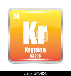 Krypton-Symbol. Chemisches Element KR. Atomzahl 36. Masse 83.798. Gelber Hintergrund. Stock Vektor