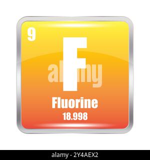 Quadrat des Fluorelements. F-Symbol. Atomzahl 9. Atommasse 18.998. Stock Vektor