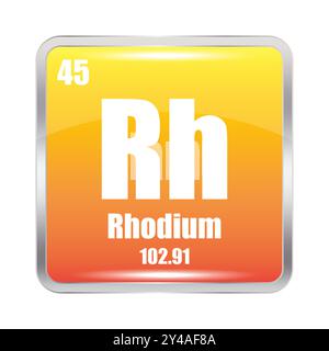 Rhodium-Symbol. Chemisches Element rechts. Atomzahl 45. Masse 102.91. Gelbes Quadrat. Stock Vektor