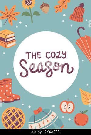 Die gemütliche Season Card. Handgezeichnete Kalligraphie und süße saisonale Elemente. Vorlage für Vektorabbildungen Stock Vektor