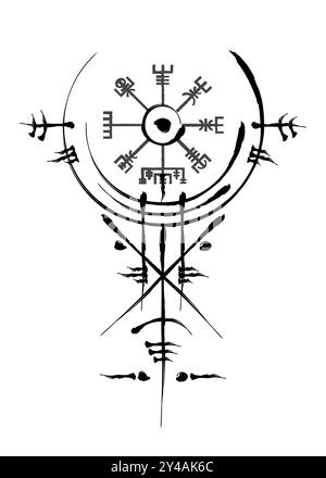 Handgezeichneter Vegvisir, alter Navigationskompass. Old Magic Schild Celtic Art Deco. Die Wikinger verwendeten viele Symbole in Übereinstimmung mit der nordischen Mythologie, Logo Stock Vektor