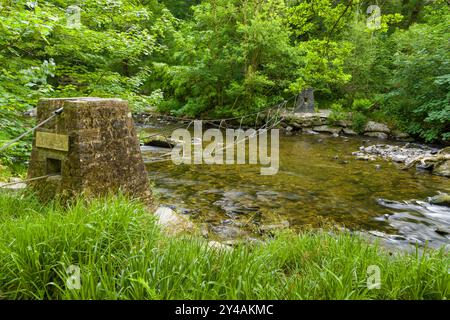 Stahlseile, die den River Barle überspannen, sollten verhindern, dass umgestürzte Bäume und Äste die Tarr Steps Clapper Bridge flussabwärts im Exmoor-Nationalpark in Somerset, England beschädigen. Stockfoto