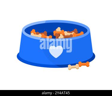 Trockenfutterknochen verschwinden aus der blauen Plastikschale, während Hund essen Vektor Illustration Stock Vektor