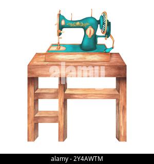 Holztisch mit Nähmaschine. Clipart wird vernäht. Maßgeschneidert. Werkstatt. Handarbeit. Handgezeichnete Aquarellillustration. Stockfoto