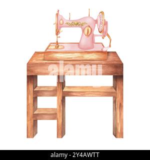 Nähmaschine auf dem Holztisch. Clipart wird vernäht. Maßgeschneidert. Werkstatt. Handarbeit. Handgezeichnete Aquarellillustration. Stockfoto