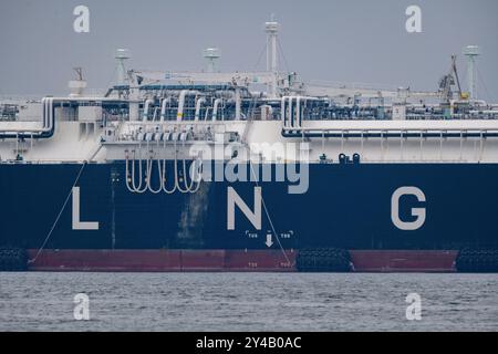 Sassnitz Mukran, Deutschland. September 2024. Die Regasifizierungsschiffe (FSRU, Floating Storage and Regasification Unit) Energos Power (Vordergrundstück) und Neptun (Neptun) liegen im Hafen von Mukran. Die Schiffe sind Teil des Energieterminals "Deutsche Ostsee". Nach den Plänen der Betreiber wird das Flüssigerdgas-Terminal Rügen auch dazu beitragen, die nordischen Länder per Schiff mit Gas zu versorgen. Quelle: Stefan sauer/dpa/Alamy Live News Stockfoto