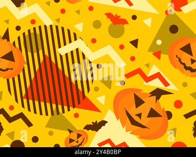 Nahtloses Halloween-Muster mit geometrischen Formen im memphis-Stil der 80er Jahre. Halloween-Kürbis mit Fledermäusen und geometrischen Formen. Jack o Laterne, Trick Stock Vektor