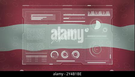 Digitales Dashboard mit Diagrammen und Weltkartenbild über der Flagge Österreichs Stockfoto