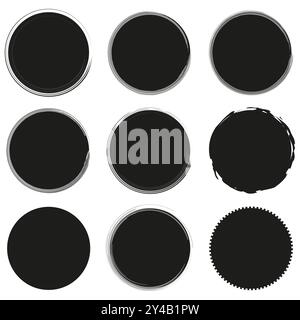 Runde Etikettenformen. Neun Varianten von runden schwarzen Symbolen. Minimalistisches Stempeldesign. Fettvektorgrafik. Stock Vektor