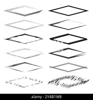 Verzerrte Rautenrahmen. Geometrische Formen schleifen. Abstrakte strukturierte Ränder. Schwarz-weiß-Vektor. Stock Vektor
