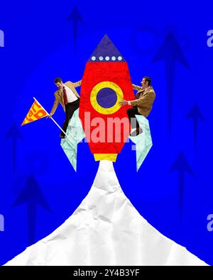 Zeitgenössische Kunstcollage. Zwei Geschäftsleute fahren mit einer vibrierenden Rakete, die das energische und schnelle Wachstum von Startups symbolisiert und durch den Himmel steigt Stockfoto
