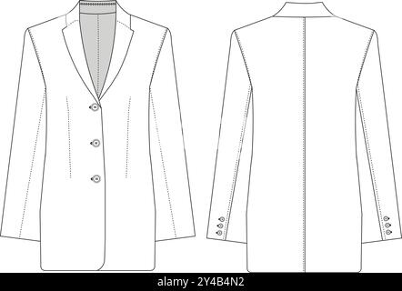 Langarm-Jacke mit V-Ausschnitt und Knopfverschluss, einfarbig, technische flache Zeichnung Stock Vektor