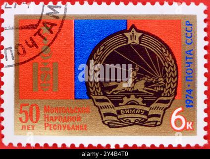 Foto einer frankierten 6 russischen Kopek-Briefmarke 50. Jahrestag der mongolischen Volksrepublik Serie 1974 Stockfoto