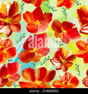 Nahtloses Muster abstrakter roter Blumen, Original handgezeichnet, Impressionismus-Stil, Farbstruktur, Pinselstriche von Farbe, Kunsthintergrund. Modern AR Stockfoto