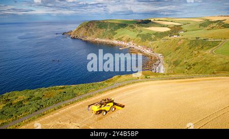 Kombinieren Sie Harvester Crovie Aberdeenshire Scotland Gerste Field im Spätsommer mit Blick auf eine Reihe von Crovie Häusern und ein blaues Meer Stockfoto