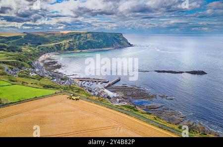 Kombinieren Sie Harvester Gardenstown Aberdeenshire Scotland Blue Sea den Hafen und Häuser und Gerstenfeld im Spätsommer Stockfoto