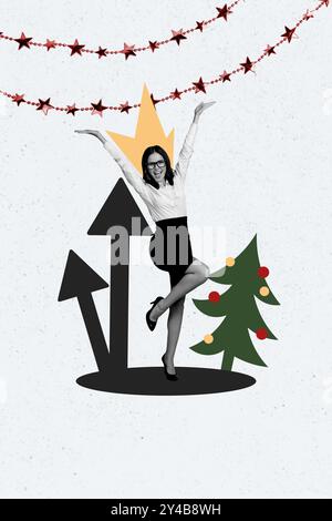 Composite Trend Artwork Skizzenbild 3D Foto Collage von weihnachten Thema Dekor junge Dame Erfolg Business Pfeil Weg Richtung Ziel Stockfoto