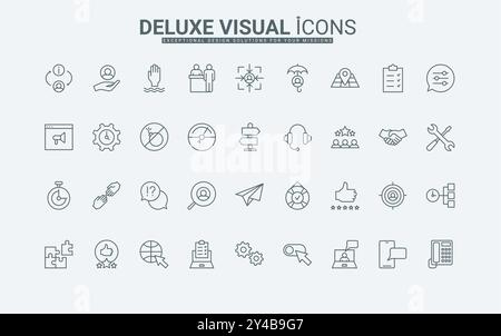Kundenerfahrung und -Feedback, Callcenter-Ratschläge, Informationshilfe, Antwort auf Fragen dünne schwarze Umrisssymbole Vektorillustration. Technischer Support für Positionssymbole des Kunden. Stock Vektor