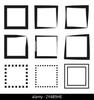 Abstrakte quadratische Symbolgruppe. Geometrisch verzerrte Rahmen. Schwarz umrissene Formen. Minimalistische Designelemente. Stock Vektor