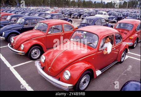 Mexiko, Puebla. Neue Volkswagen Käfer warten auf einem Parkplatz der Fabrik. Stockfoto