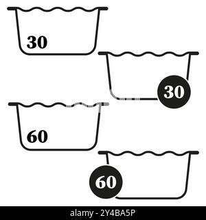 Symbole für die Wäschetemperatur. Waschanleitung bei 30 und 60 Grad. Einfache Liniensymbole. Vektorgrafik. Stock Vektor