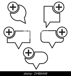 Chat-Blase mit Plussymbolen. Sammlung von Nachrichtensymbolen. Kommentargrafik hinzufügen. Vektordialogsymbole. Stock Vektor