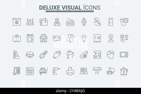 Haushalt, Wäsche und Küchenausstattung, Virtual-Reality-Gläser dünne schwarze Umrisssymbole Vektorillustration. Symbole für elektrische Geräte und Geräte für Heim- und Reparaturarbeiten am Arbeitsplatz gesetzt. Stock Vektor
