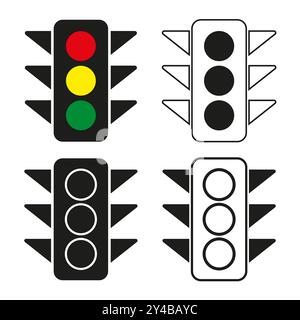 Ampelsignale. Stopp, Achtung, los-Symbole. Rote, gelbe und grüne Leuchten. Vektor-Straßenschilder. Stock Vektor