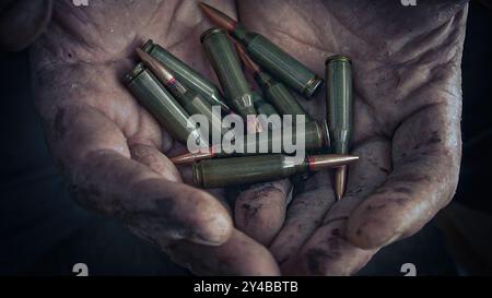 Der Soldat hält Patronen in seinen blutigen Händen. Stockfoto