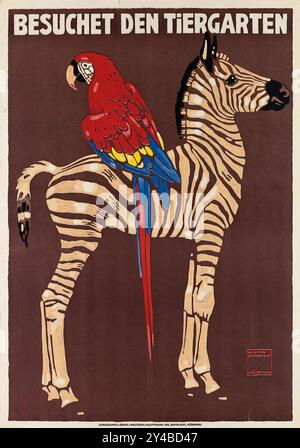 Vintage-Poster-Werbung für den Deutschen Zoo, Besuchet den Tiergarten. Mit einem Zebra und Papagei von Ludwig Hohlwein aus den 1910er Jahren Stockfoto