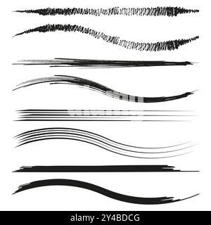 Schwarzer Pinselstrich. Ungleichmäßige handgezeichnete Linien. Grobe Skizzenstruktur. Künstlerische Tintenformen. Stock Vektor