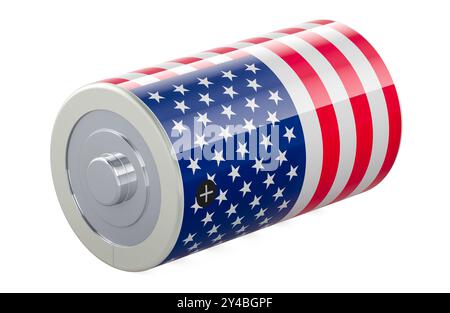 D Batterie mit der USA-Flagge. 3D-Rendering isoliert auf weißem Hintergrund Stockfoto
