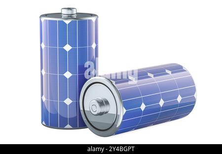 Batterien mit Sonnenkollektor, 3D-Rendering isoliert auf weißem Hintergrund Stockfoto