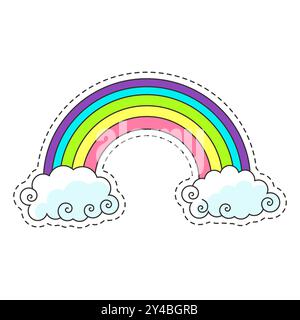 Vektorbild eines Regenbogens mit Wolken, entworfen als Aufkleber mit gestrichelter Umrandung. Stock Vektor