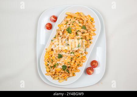 Frisch gekochte Pommes frites, gebacken mit Cheddar, Speck und Petersilie, ganz nah auf einem Teller. Draufsicht Stockfoto