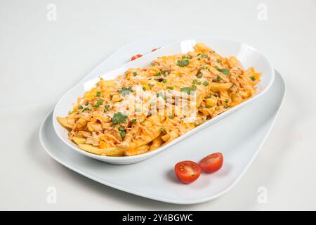 Frisch gekochte Pommes frites, gebacken mit gegrilltem Huhn auf weißem Teller, weißem Hintergrund Stockfoto