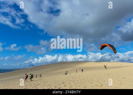 Düne von Pilat, Frankreich - 14. August 2024: Paragliding in der Großen Düne von Pilat, Arcachon Basin, Nouvelle Aquitaine, Frankreich. Stockfoto