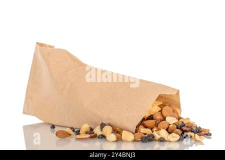 Nussmischung mit trockenen Beeren in einem Papierbeutel, Makro, isoliert auf weißem Hintergrund. Stockfoto